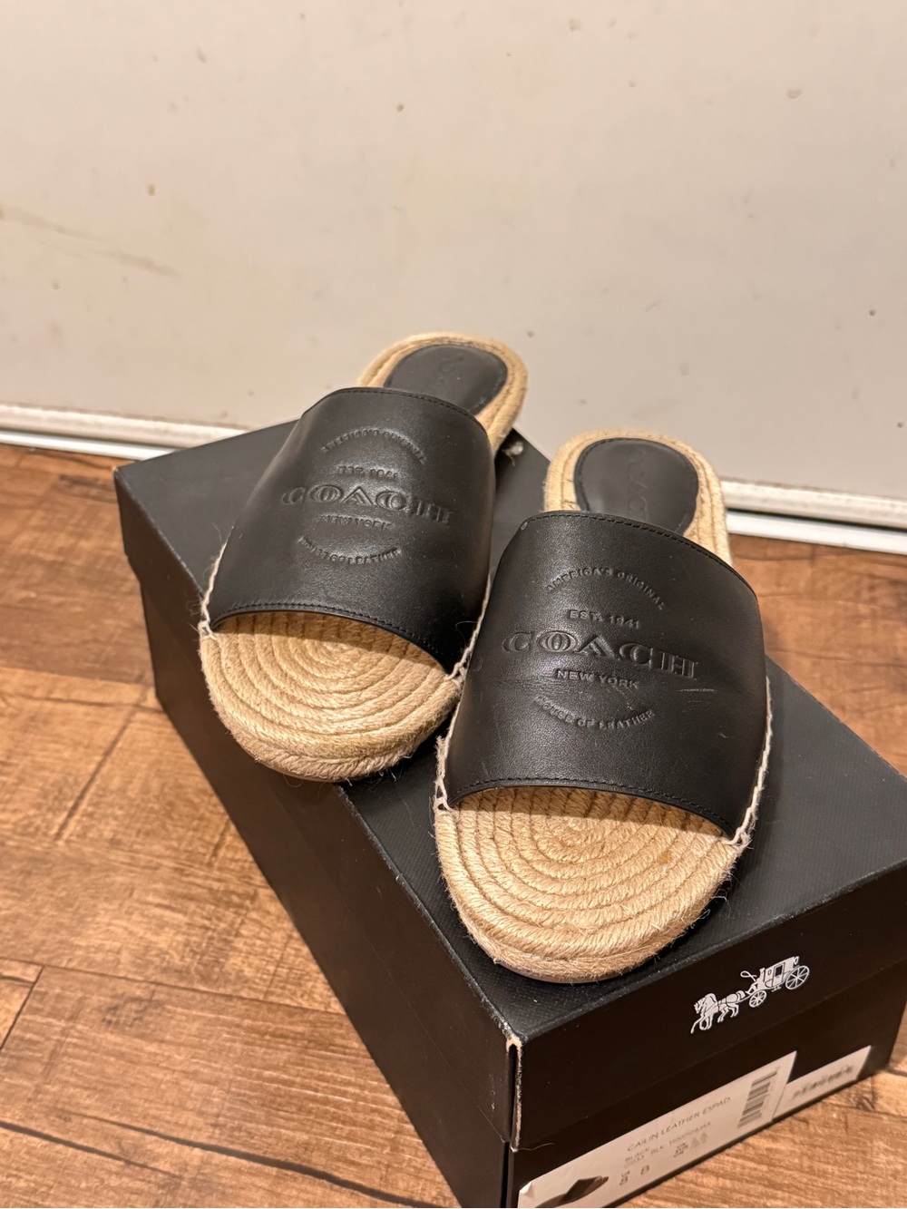 Coach Black Leather Espadrille Slide Sandals with Natural Jute Footbed